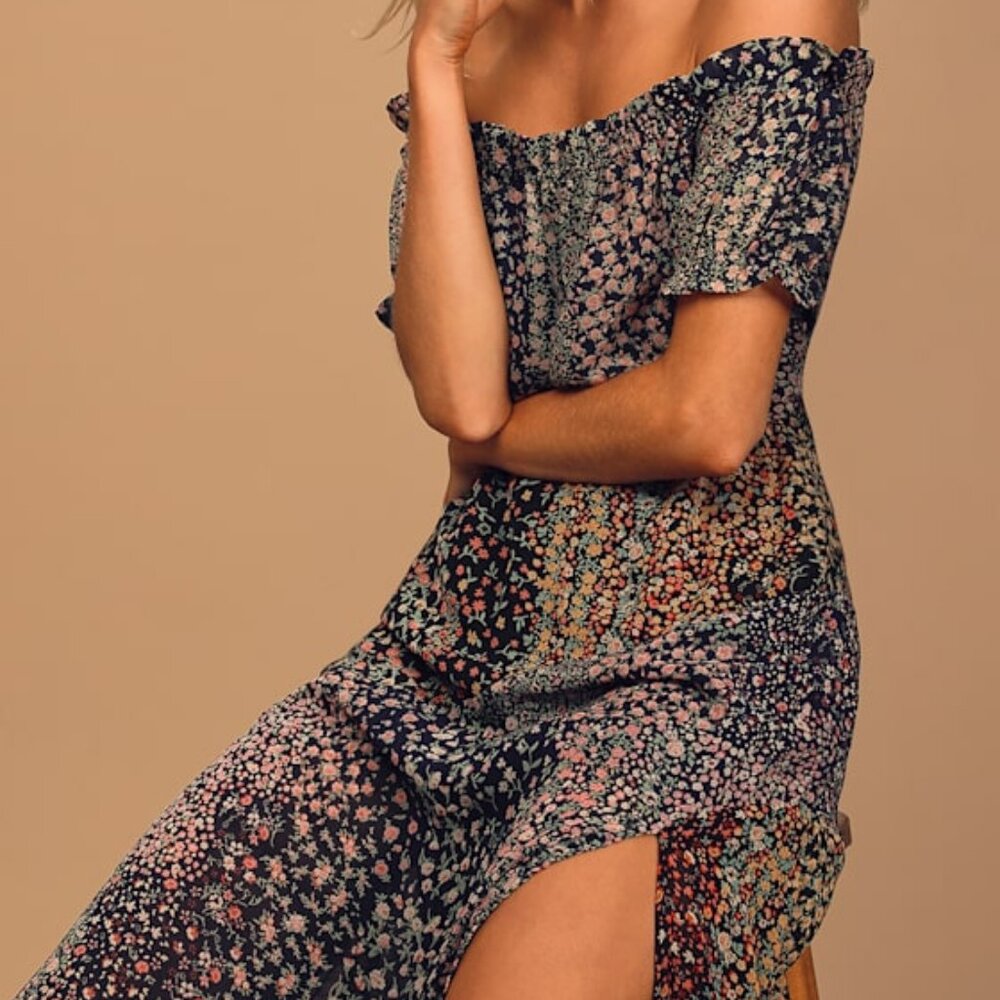 Lulus Neva Navy Blue Floral Print Off-the-shoulder Maxi Dress - Size XS